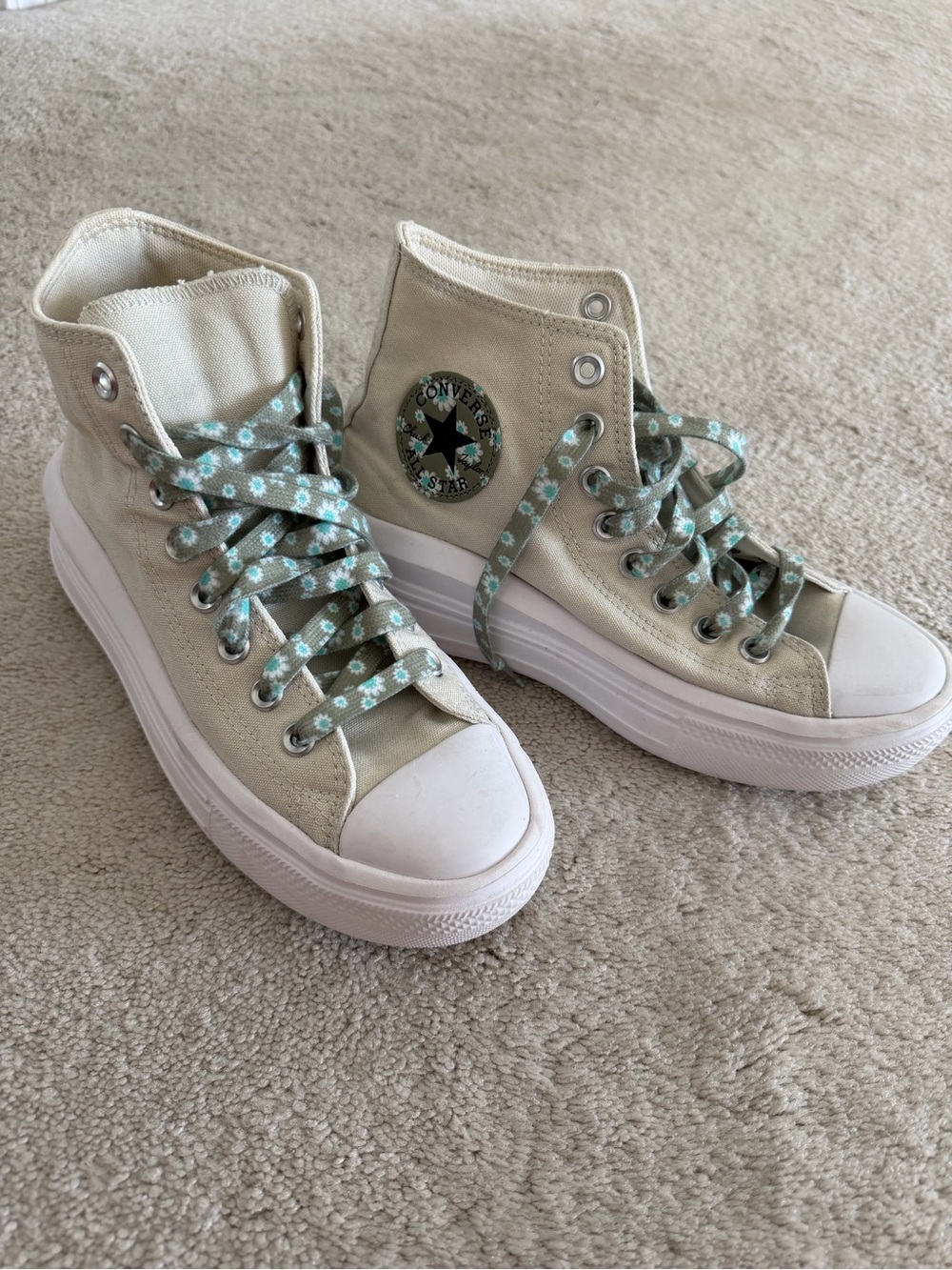 Converse Women's High-Top Platform Sneakers in Cream with Mint Floral Laces